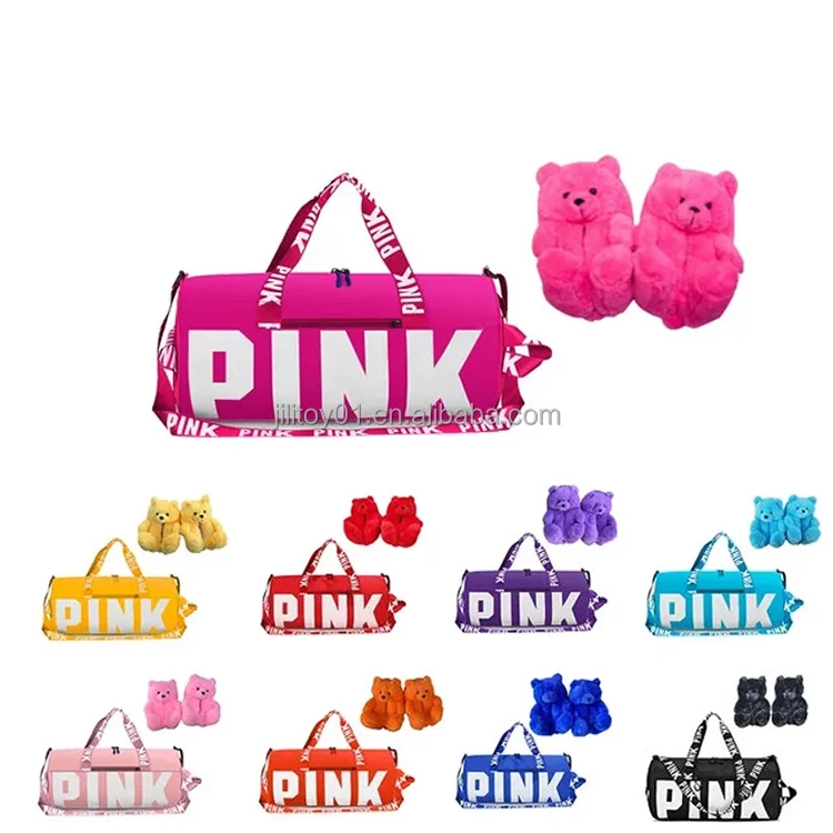 wholesale kids teddy bear slippers plush set and pink bag custom for women girls