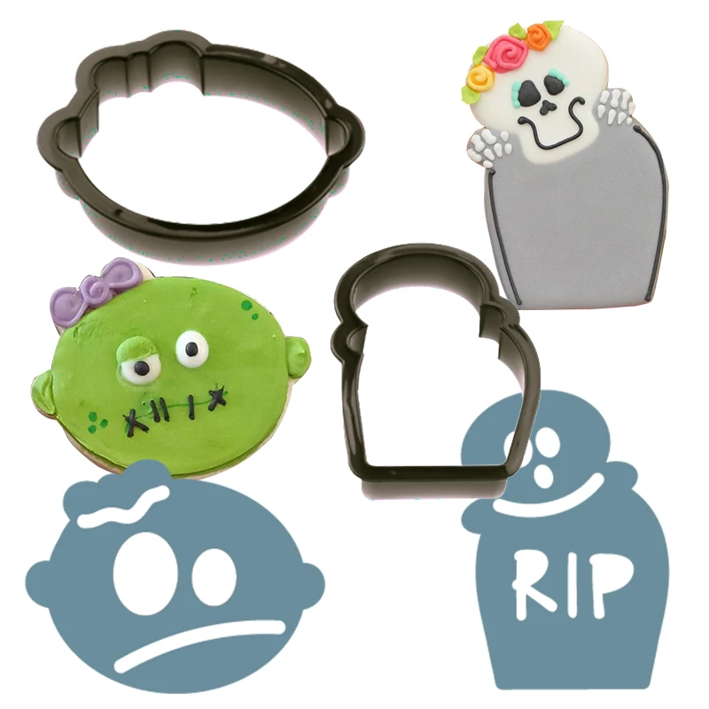 Halloween Zombie Tombstone Biscuit Fondant Dough Cutter Mold And Cookie Cutter Template Set For Royal Icing