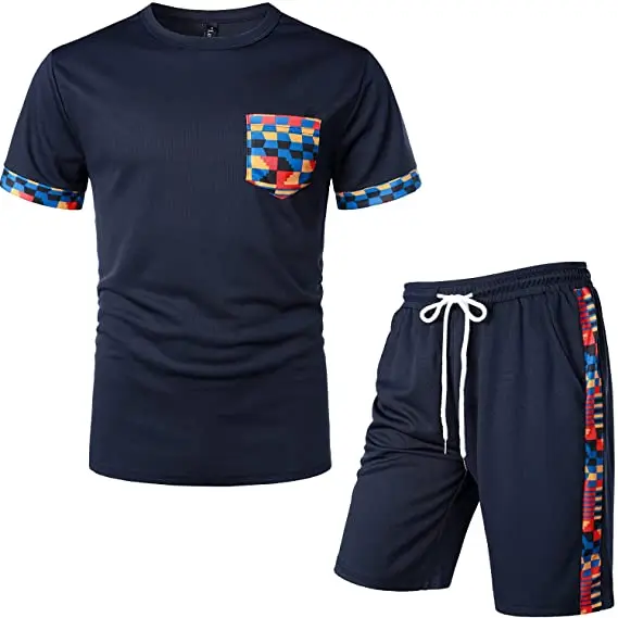 Wholesale Custom Men Sports Short Africa Dashiki Print design Summer Tracksuits Plain Fitted Solid Color Mens Summer Shorts Set