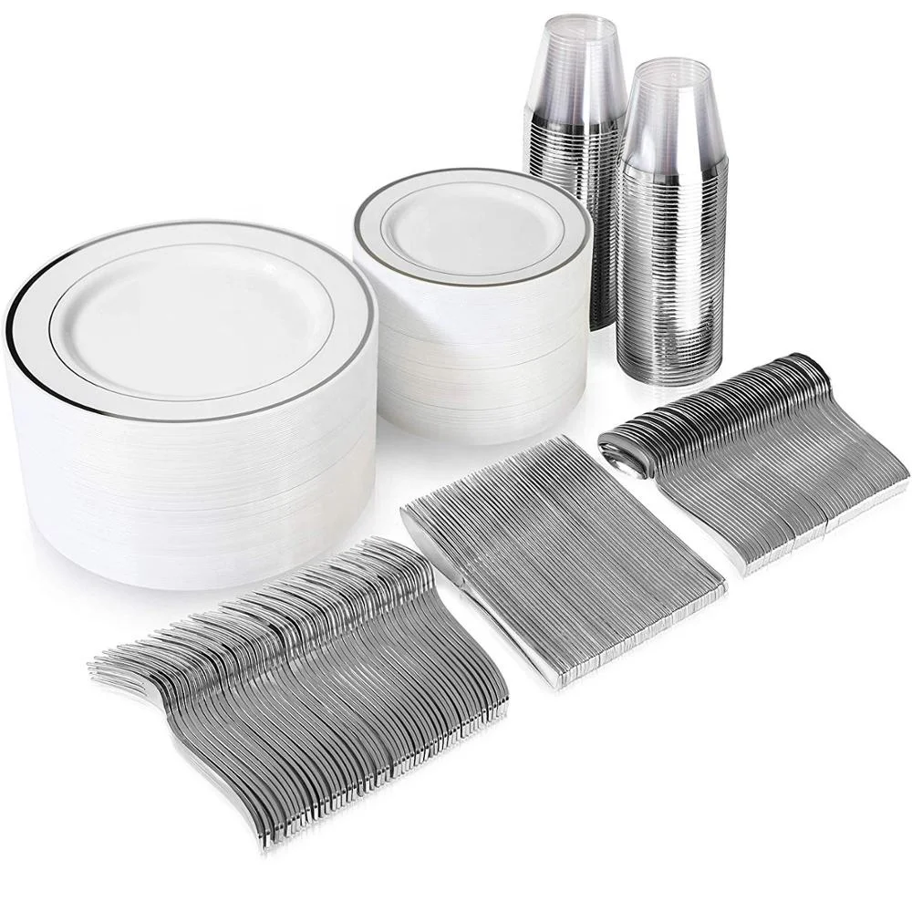 600 Piece Silver Rim Disposable Plates And Tableware Sets