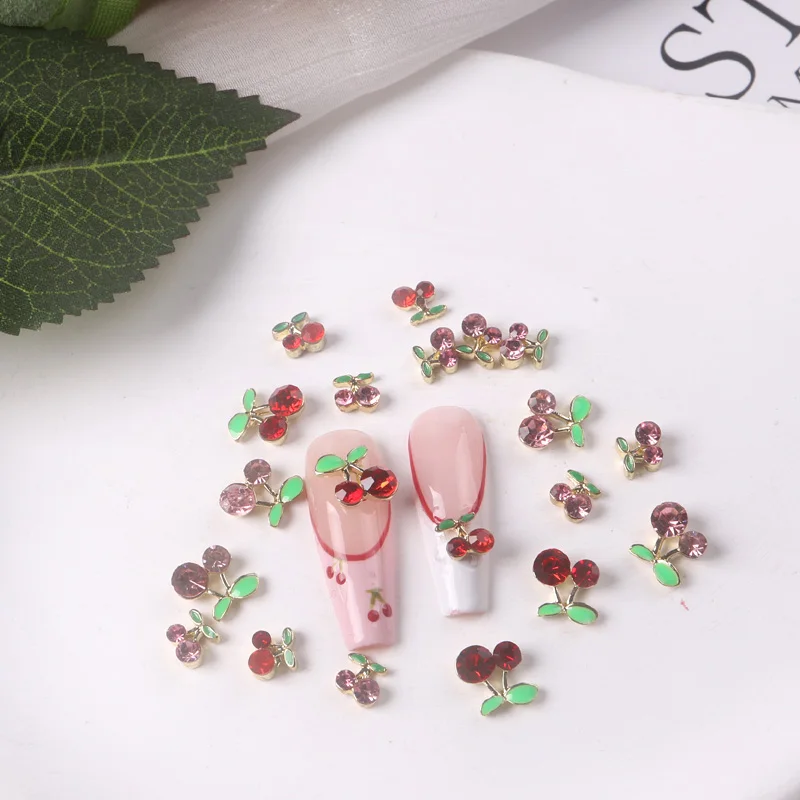 TSZS Hot Sale 3D Metal Cherry Nail Charms Red & Pink Cherry Nail Rhinestone Fruit Jewelry Nail Wholesale