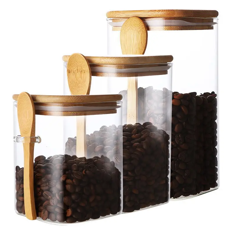 Food grade 1500ml big coffee tea glass jar with wooden lid and spoon