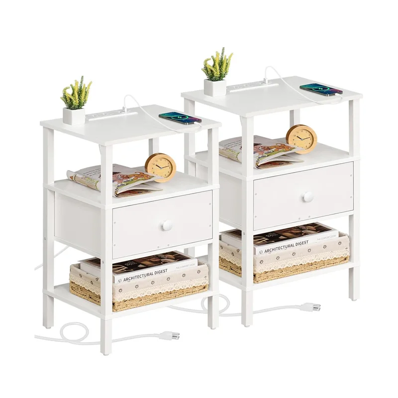 Living Room Bedroom White 3 Tier Storage End Table Drawer Shelf Night Stand Small Spaces Wood Bedside Table Nightstand