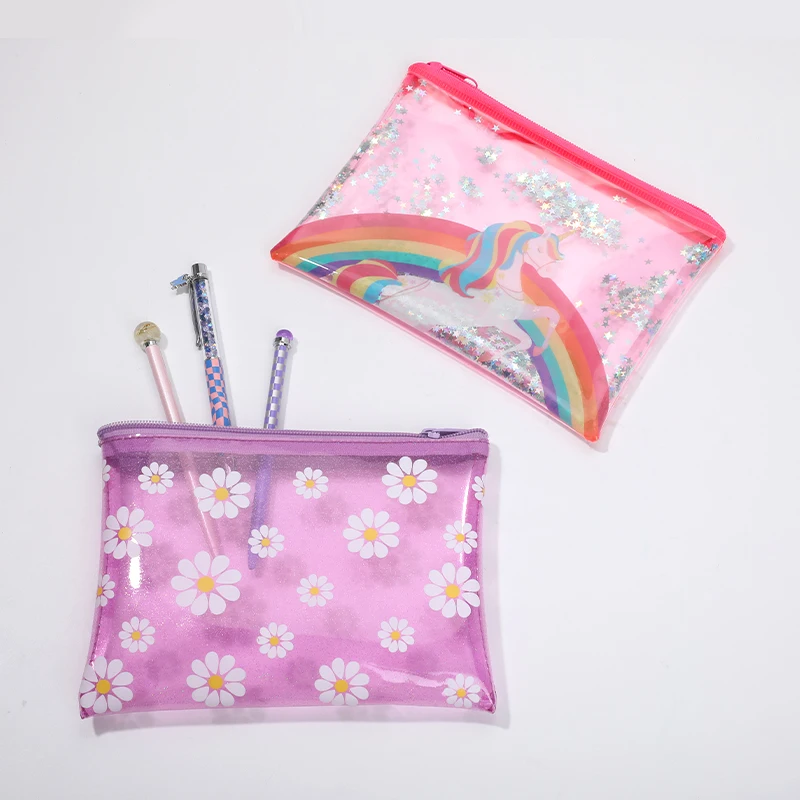 Custom Back to School Supplies Stationery Pen Bag Purple Clear Plastic Daisy Transparent Glitter PVC Pencil Case