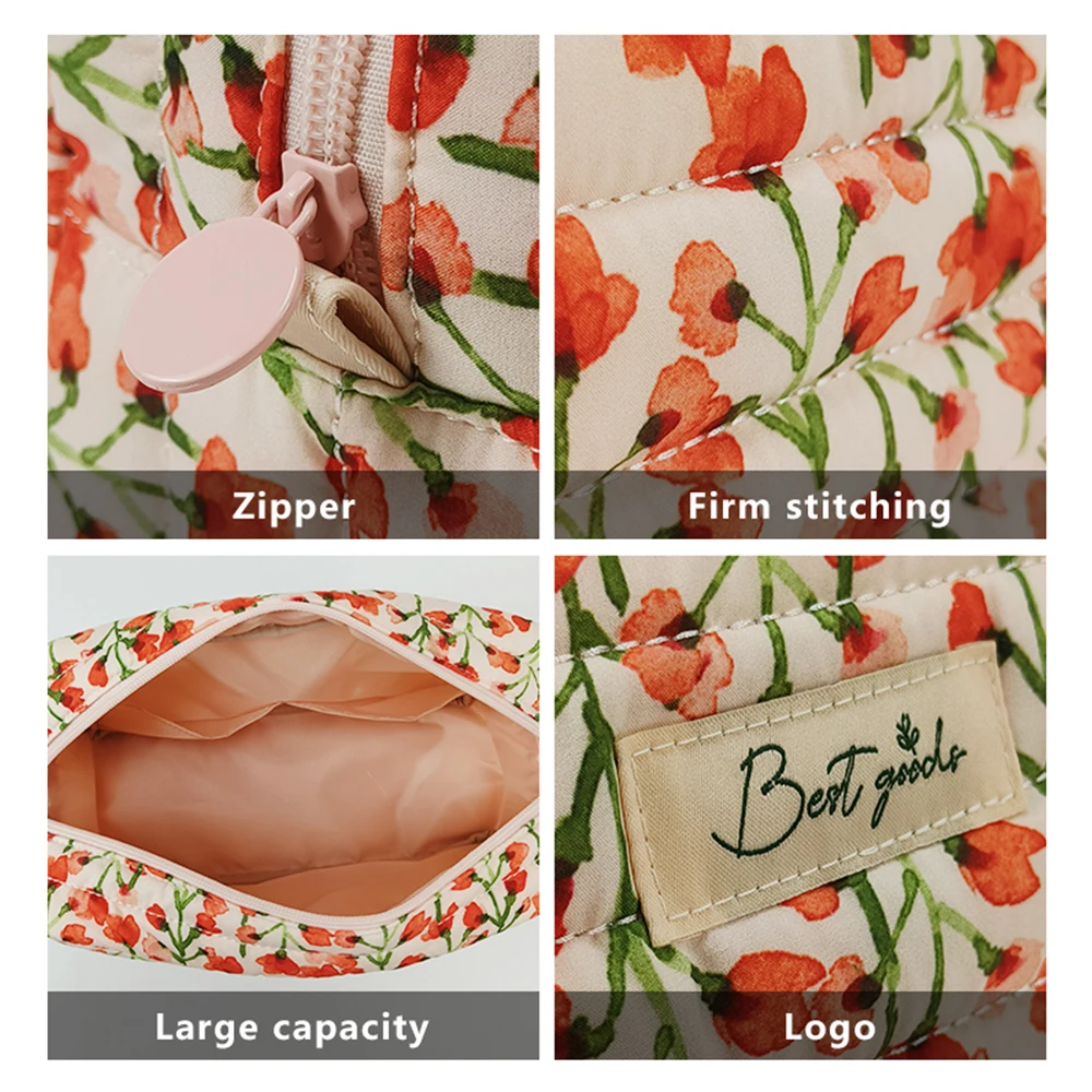 Eco travel fluffy cosmetic bag custom logo large capacity zipper pink flower puffy pouch floral quilted makeup bag for women