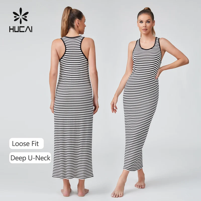 HUCAI Custom Logo Womens black and white stripe sexy cotton Spandex high strech loose maxi  ribbed Sleeveless Dress