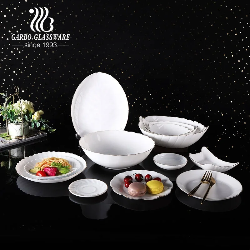 Microwave safe 26 33 58 72 pcs gold rim decal white opal glass tableware tempered dinner set with bowls plates saucer home use