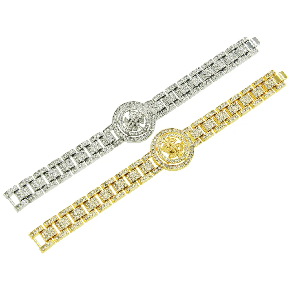 Hip Hop Cool Guy Turning Dollar Watch with Bracelet Hipster Personality Cool Full Diamond Punk Bracelet