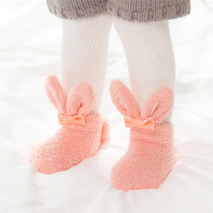 Wholesale cold winter warm thicken baby socks coral wool cartoon rabbit non-slip baby floor socks newborn baby socks