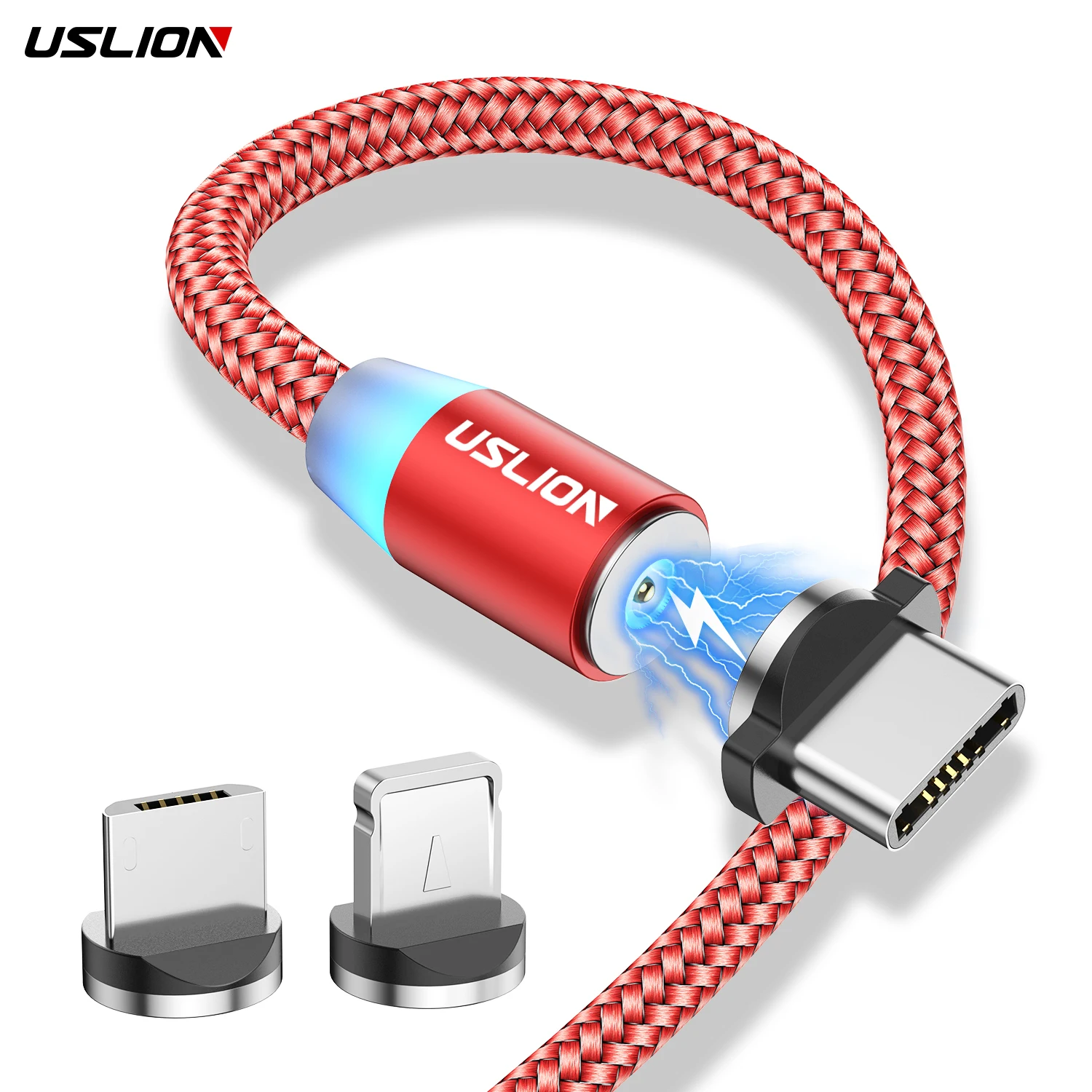 USLION 360 магнитный Кабель зарядного устройства Led 1 м Type-C Micro магнит 3 в 1 2.4A быстрой зарядки Магнитный телефонный кабель