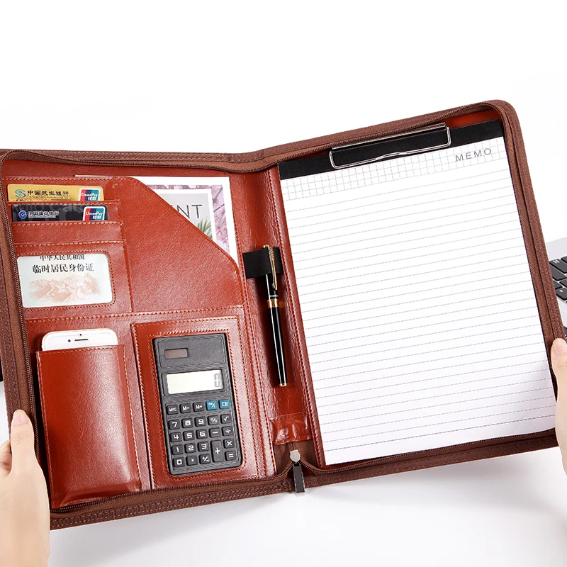 a4 size file folder bag with zipper with logo a4 leather portfolio file folder with tablet and calculator
