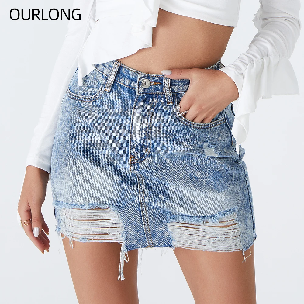 OURLONG blue ripped jeans hole mini short casual denim skirts women summer