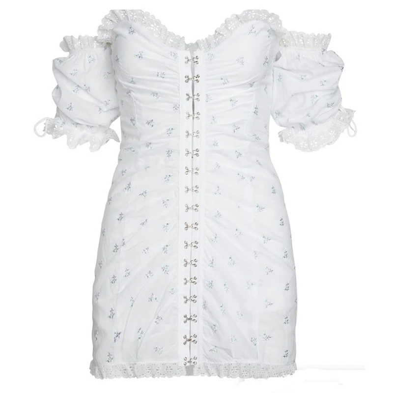 
Summer Floral Embroidered Ruffle Sweet Sweetheart Neckline Off Shoulder Mini Lace Dress 