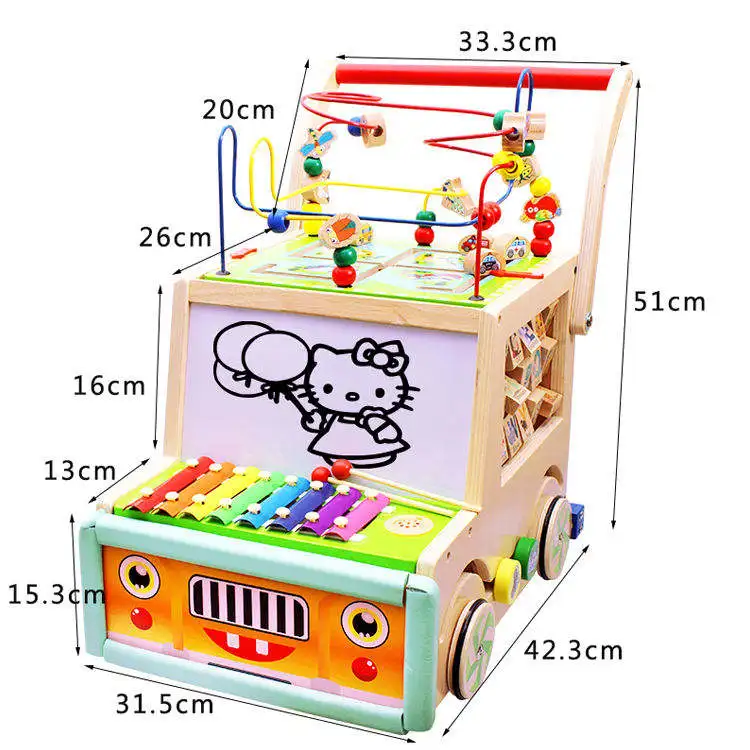 Baby walker four-wheel multi-functional drawing board cart shape baby storage rack wooden toys