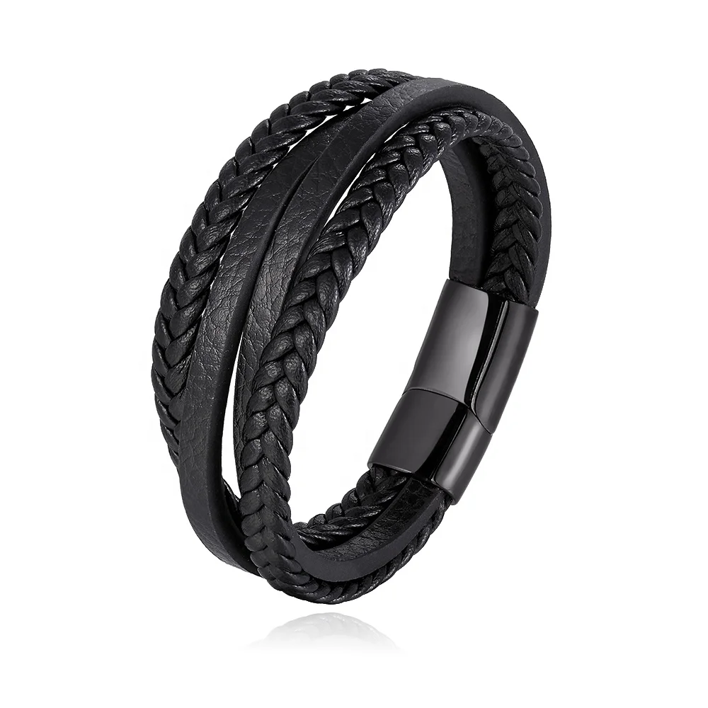Trendy Men jewelry magnet close stainless steel charm  Genuine Leather Multi Layered rope  Leather bracelets for boy
