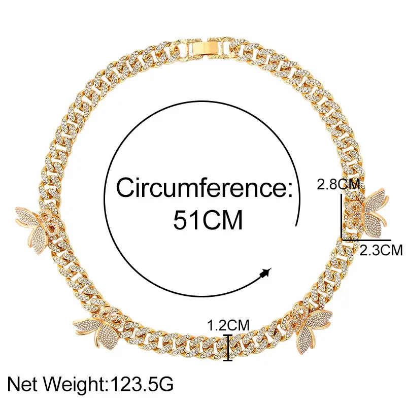 2020 Women Men Hip Hop Luxury Iced Jewelry Personality Gold Plated Crystal Butterfly Choker Rhinestone Cuban Link Chain Necklace