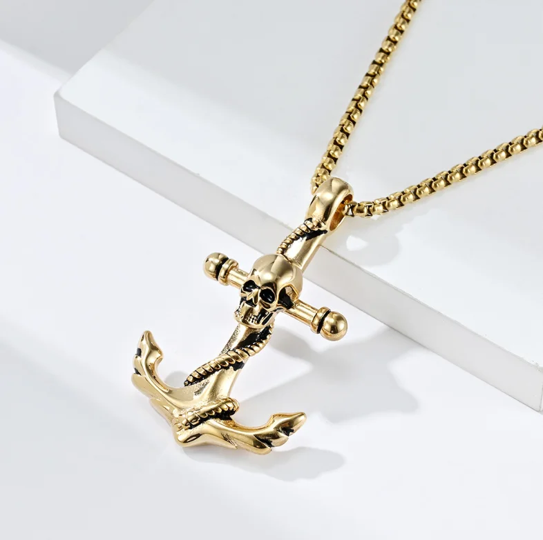 Vintage Stainless Steel Skeleton Anchor Pendant Jewelry Necklace Hip Hop Custom Plated 18k Gold Steel Black Pendant Necklace Men