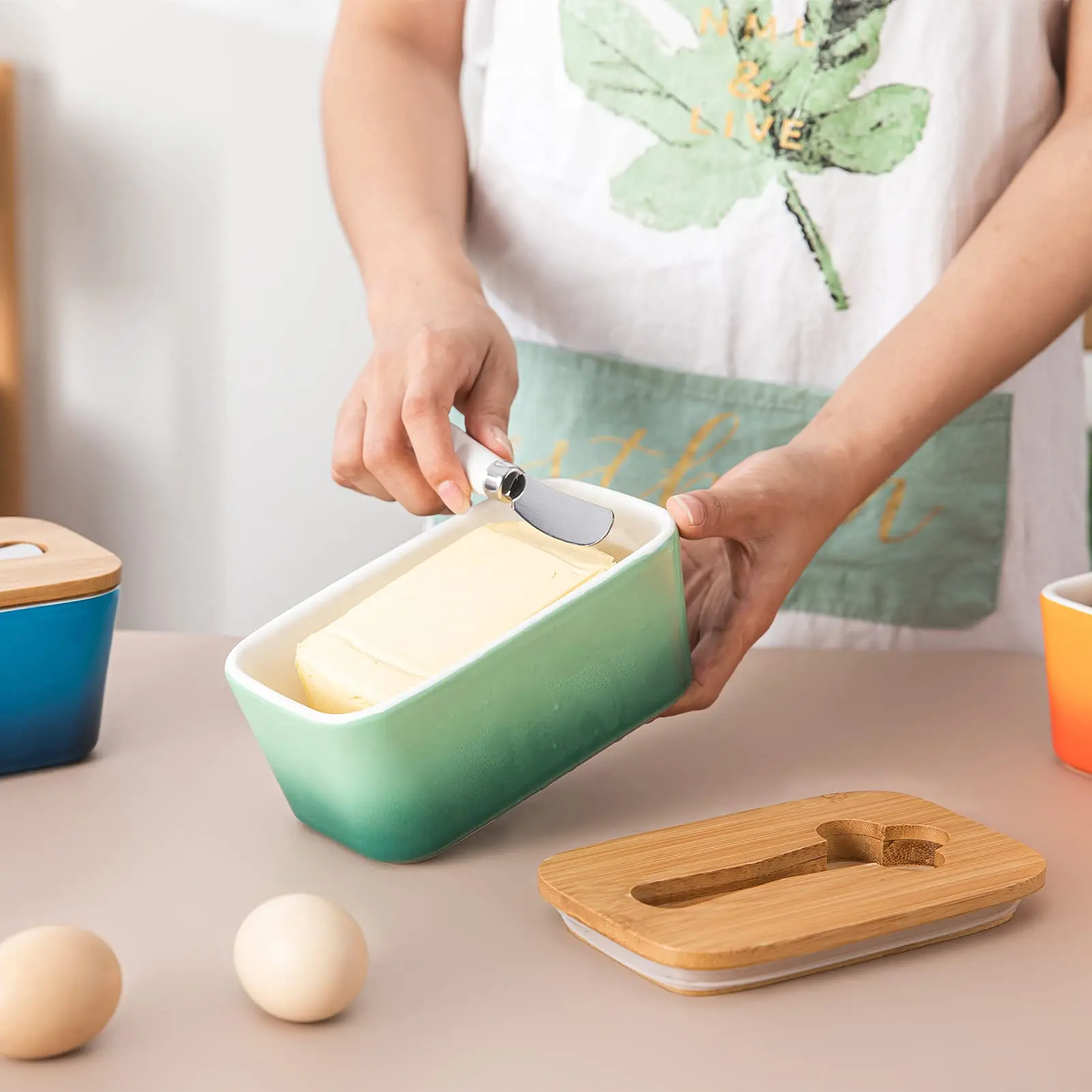 Customized Butter Box Butter Keeper Food Storage Container Large Ceramic Butter Dish with Lid&Knife