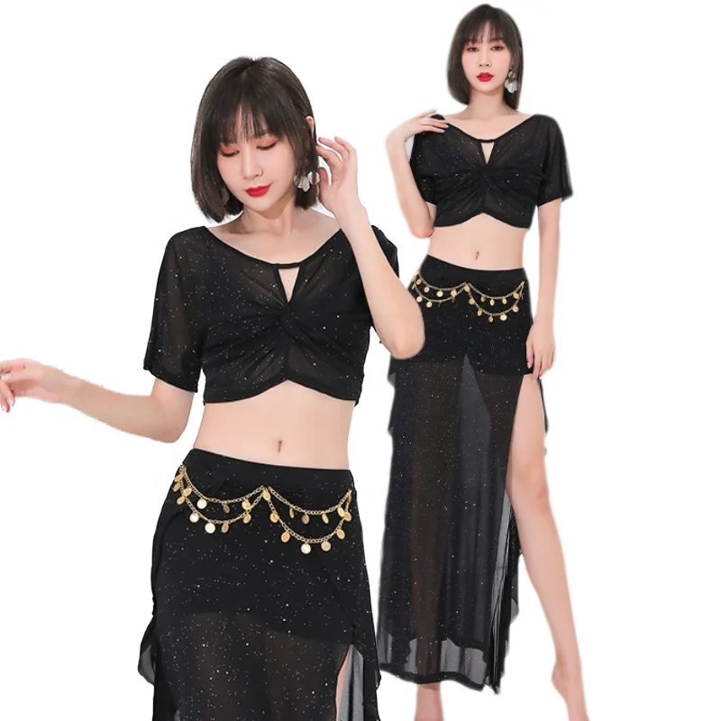 Shiny Mesh long skirt with pants set professional belly dance lesson wear