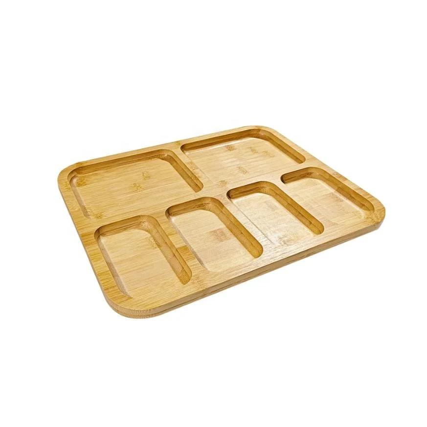 Customized Fruit Snacks Tray 6 Serving Plate with Dividers Wood Bamboo Portion Plates Food Cheese Platter
