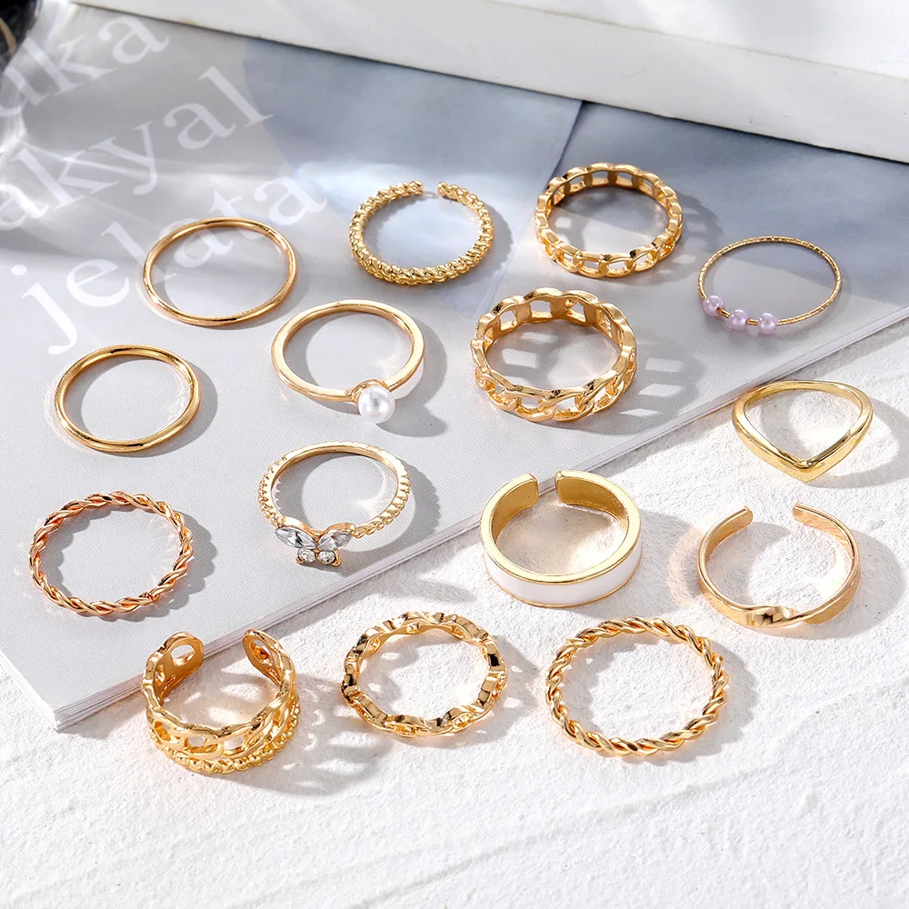 Retro inlaid pearl chain ring diamond butterfly open ring ins style ring set 15 pieces