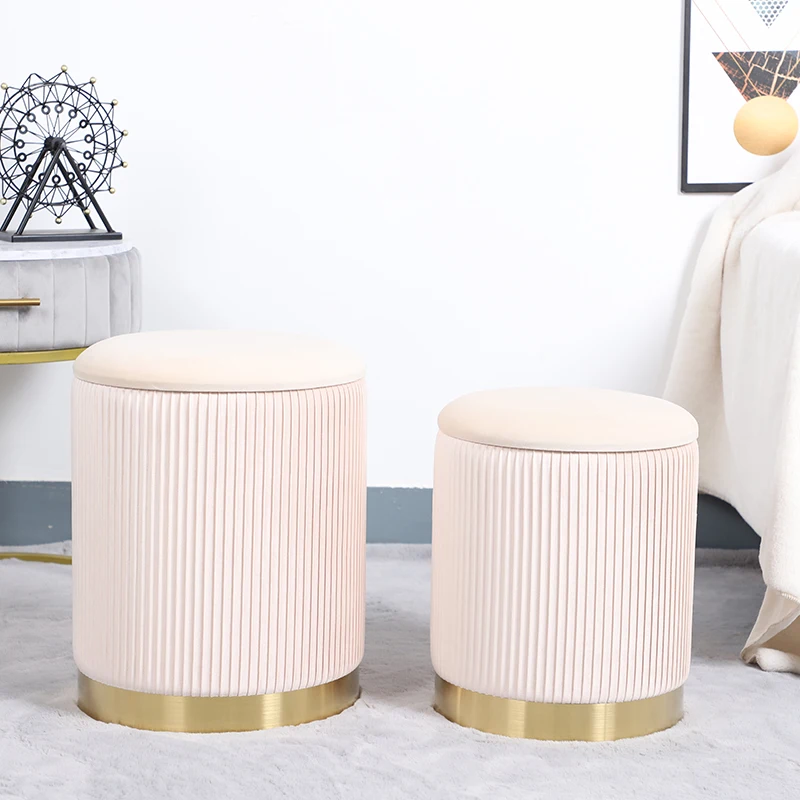 Custom living room furniture fabric stool round pouf modern ottoman storage with gold steel base removable cover stool