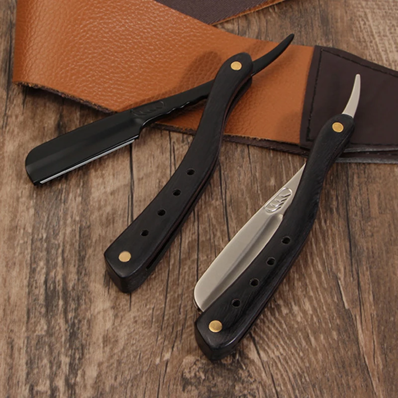 Professional Folding Men Shaving Straight Razor Black Wooden Handle Straight Razor Holder Beard Shaving Tools