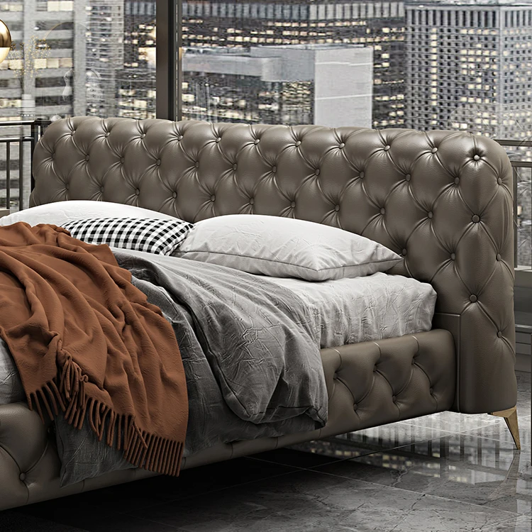 CH218 New Design Upholstered Bed Style Luxury Modern Furniture Fabric Buttons Antique Leather Beds Frame
