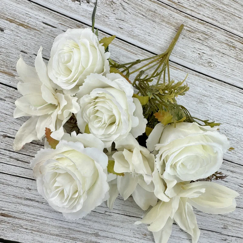 Wholesale High Quality 7 Heads Silk Flower Red Bunch Roses Bouquet Artificial Flower Rose Bouquet