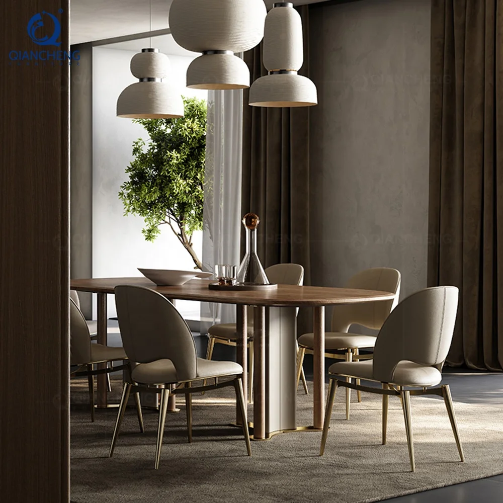 QIANCHENG brand design dinning room furniture set walnut color stainless steel wooden sticker 6 seater dining table