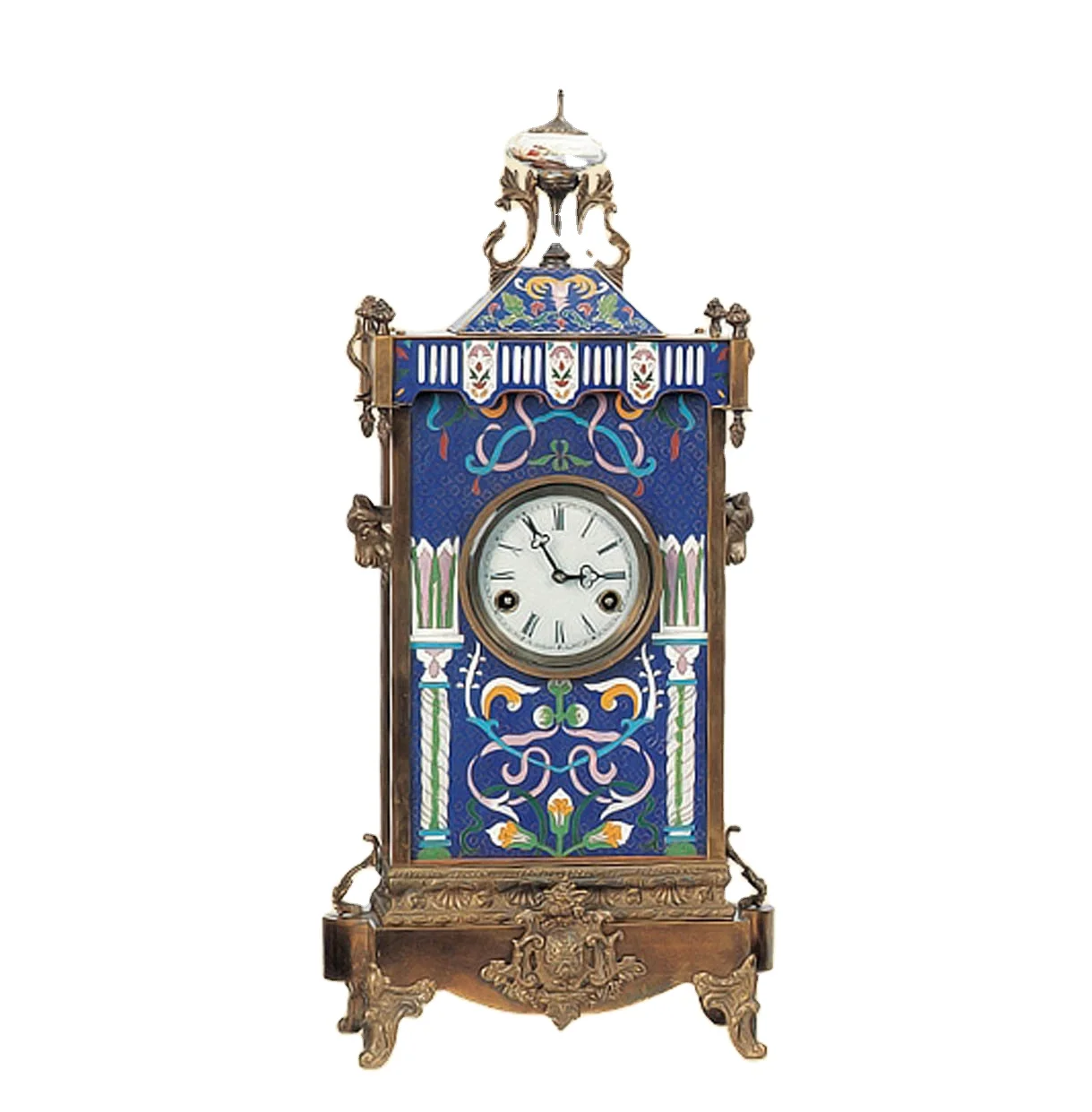 Solid Brass Vintage  Antique Gilt 19th  French Style 15 Days Mechanical Movement  Floral Blue Cloisonne Enamel Table/Desk Clock