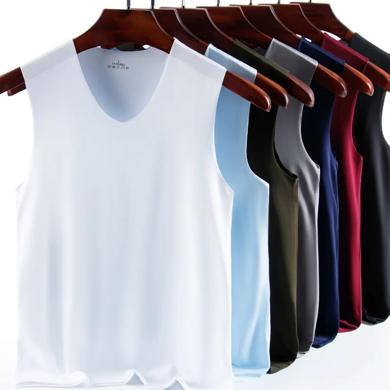 Mens Ice Silk Bottoming Shirt V-Neck Sports Stretch Seamless Vest