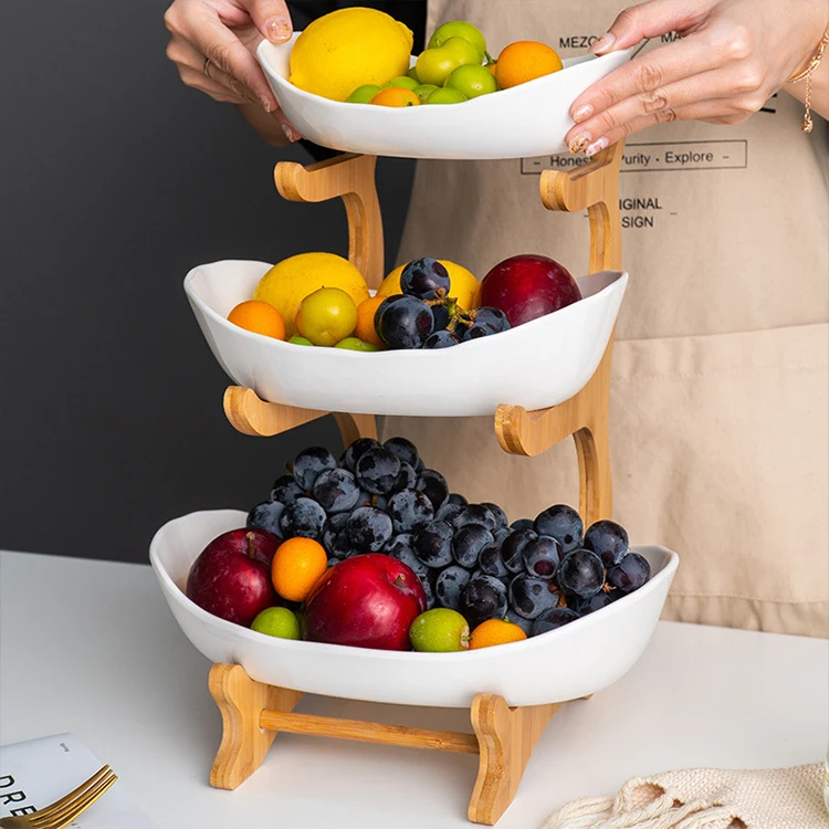 Household Bamboo Wooden Racks 3 Layers Food Container Dish Pottery Ceramic Plate for Salad Vegetable Fruits Nuts Snacks