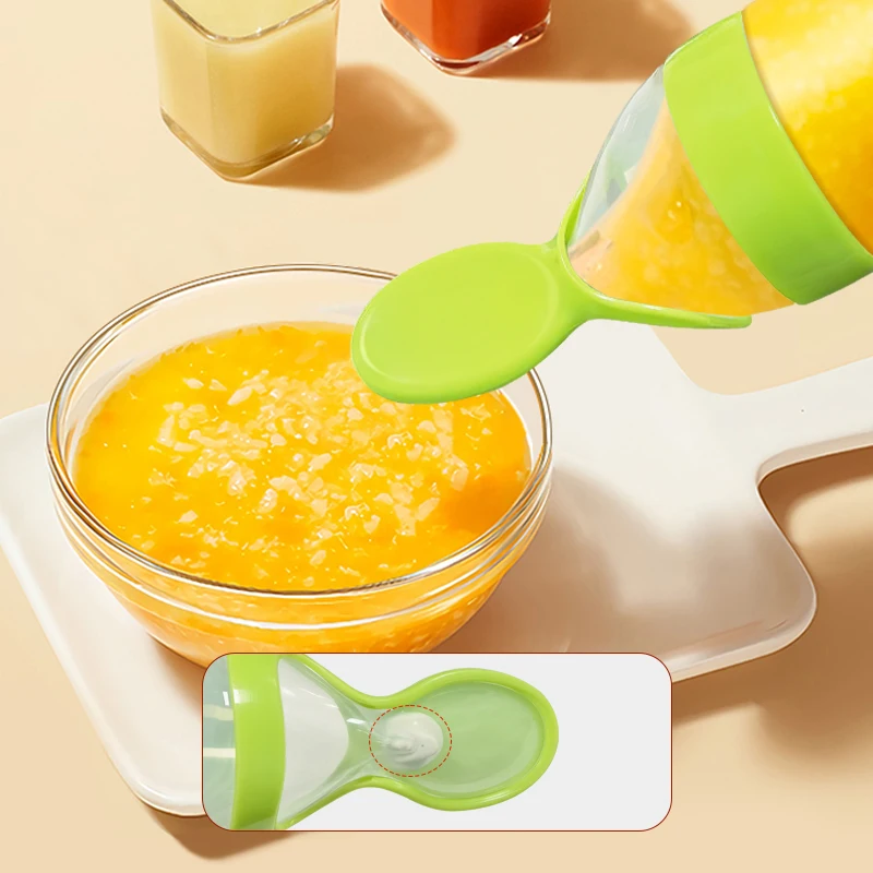 Manufacturer Custom BPA Free Infant Nursing Food Grade Silicone Feeder Fresh Food Training Baby Feeding Bottle With Spoon