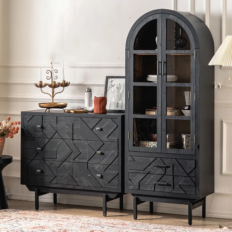 Farmhouse Living Room Cabinets Buffet Sideboard Vintage Wooden Storage Cabinet with Drawers Arched Black Kitchen Cabinet