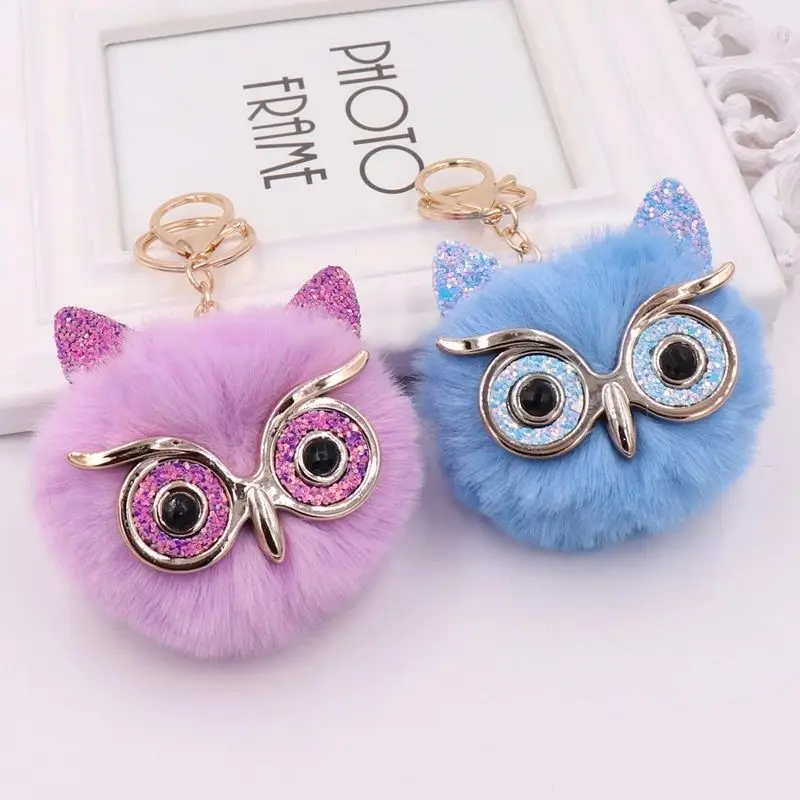 Fashion Customized Comfortable Fluffy Pom Pom Keychain Fur Owl Pompom Keychains With Gold keyring For Women And Girls