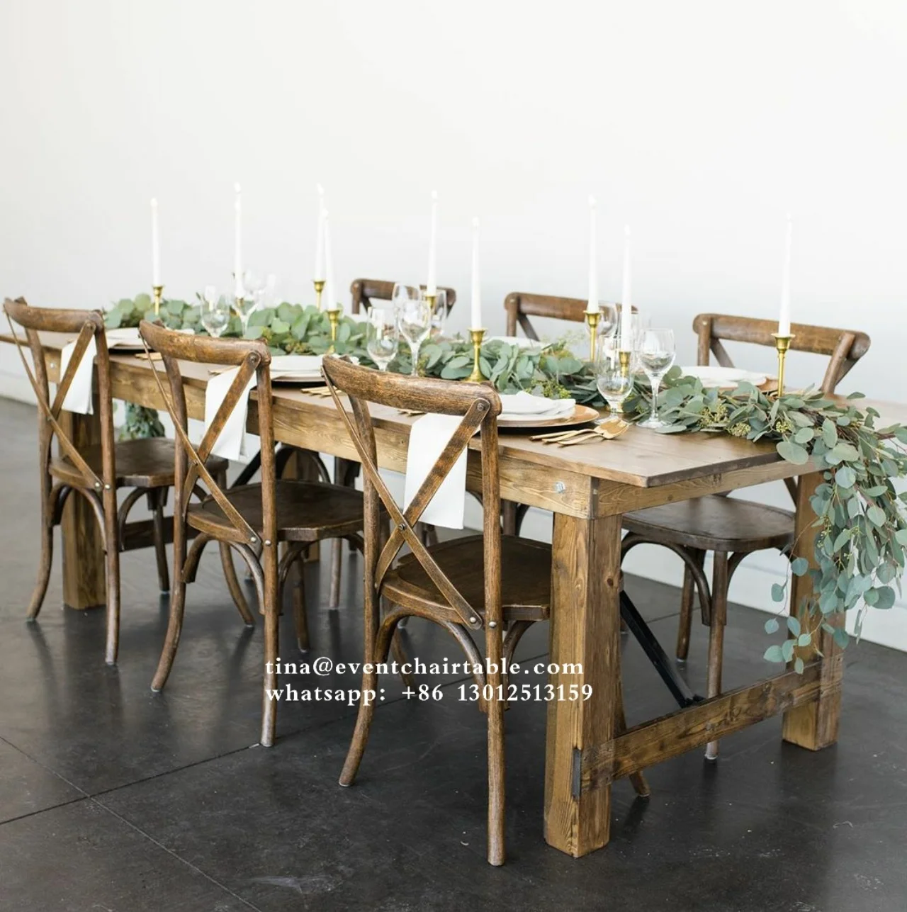Wedding Wooden Dining Banquet Farm House Table and Cross Back X Event Chairs