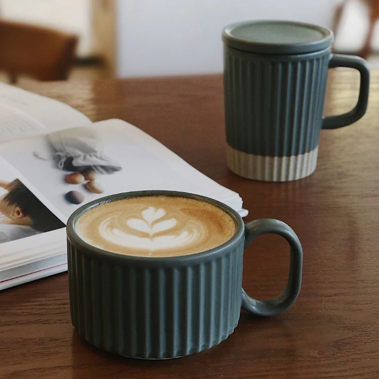 Unique design stripe embossed delicate japanese style ceramic coffee tea cup
