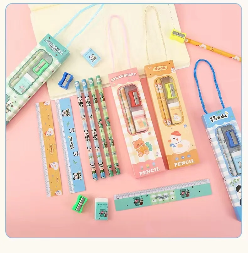 Hot Selling School Students Custom logo Pencil Set Wood Graphite Lapiz Set with Sharpener Eraser Rulers