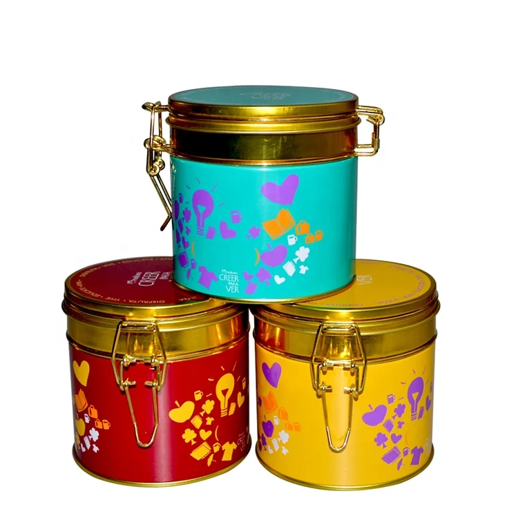 Customised airtight metal hinged latch lid round coffee tea tin can canister with clip lock