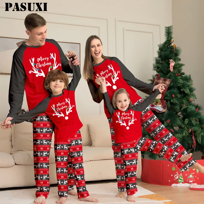 PASUXI Printed Round Neck Spell Plaid Parent-Child Clothing Christmas Family Suit Night Pijama Nightwear Home Pajamas Women Set
