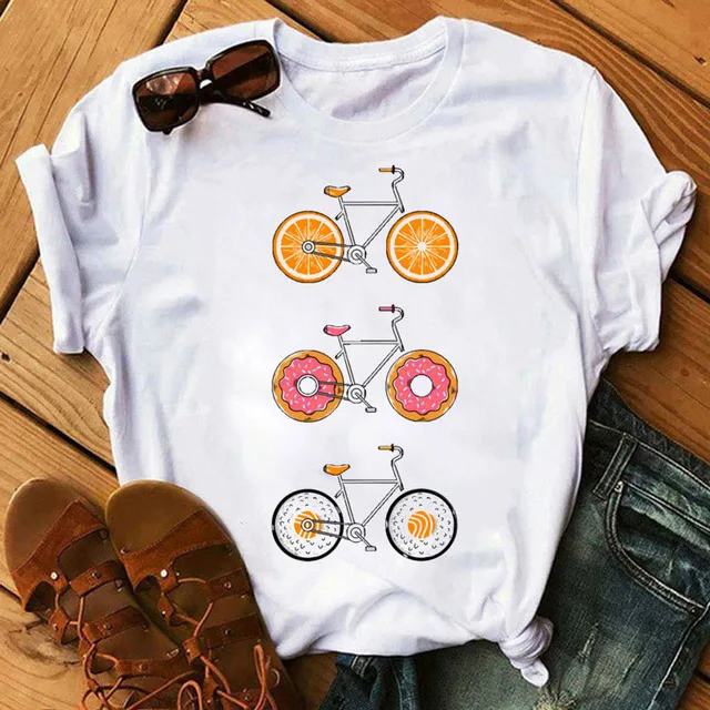 Women Graphic Flower Bike Bicycle Web Style Trend Fashion 90s Short Sleeve Lady Clothes Tops Tees Print Female Tshirt T-Shirt