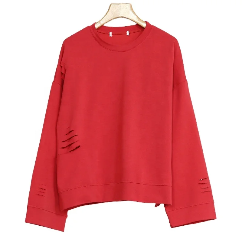 New Fashion French Terry Hollow Crewneck Custom Oversized Plain Hoodie Retro Ripped Pullover Olive Green Sweatshirt for Women