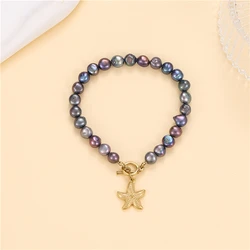 Bead Bracelet Set Stainless Steel Gold Plated Non-fading 18k Punk Jewelry Black Natural Freshwater Pearl Gift