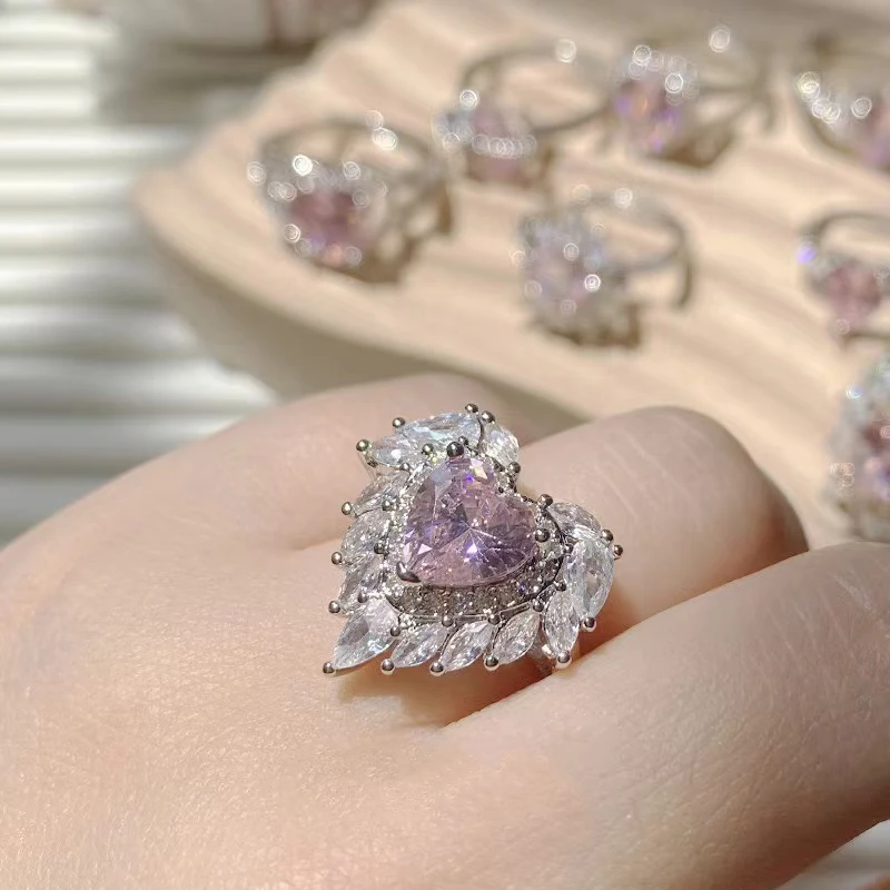 Heart ring full diamond pink love copper plated 18K gold ring fashion jewelry