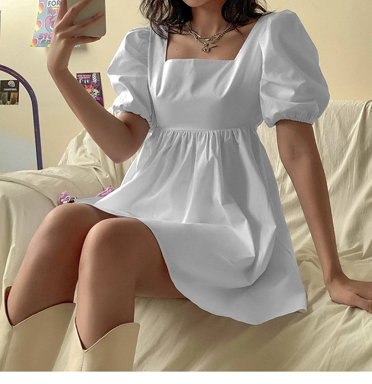 Women Summer Dress Summer Fashion White Elegant Puff Sleeve Backless Party Beach Dress Vacation Casual Mini Dress