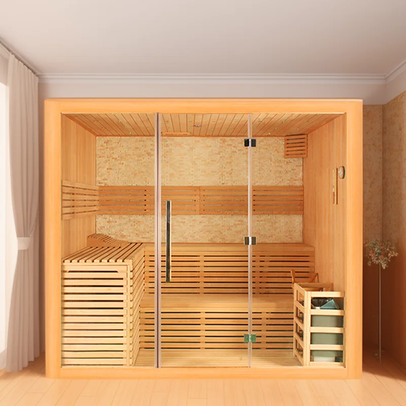 Luxury Hemlock Wood 3-4 Persons Infrared Sauna with Recliner 2 Chair for Home Tempered Glass Door