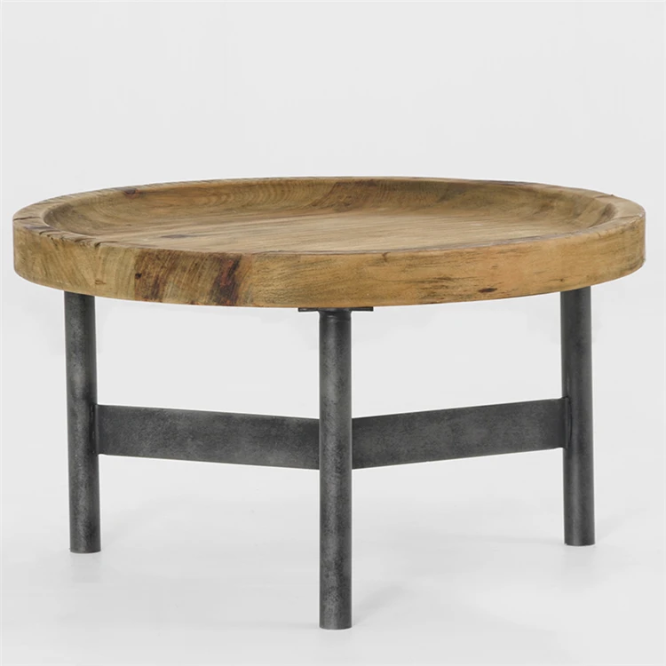 
Smart Coffee Table Round Wooden Industrial Reclaimed Pine Top With Metal Base 