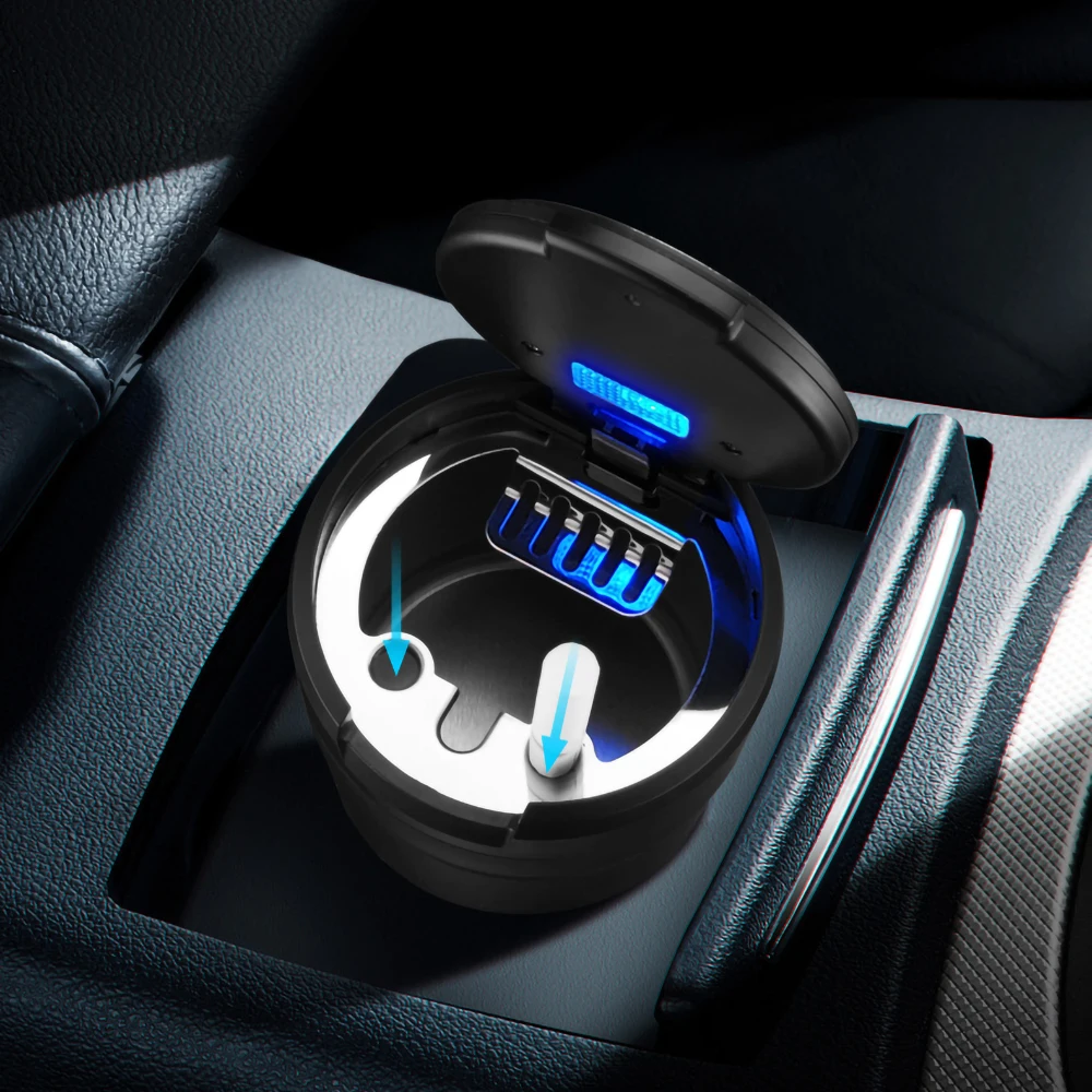 2024 Wholesale New Arrival Mini Automatic Flip Cover Car Ashtray Creative Double Smoking Holes Ashtray With LED Light