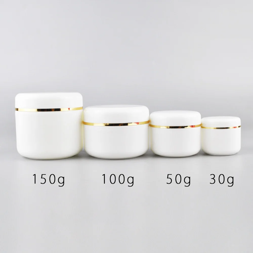 Empty 10g 20g 30g 50g 100g 120g 150g 250g White Pp Plastic Face Cream Jar With Gold Edge